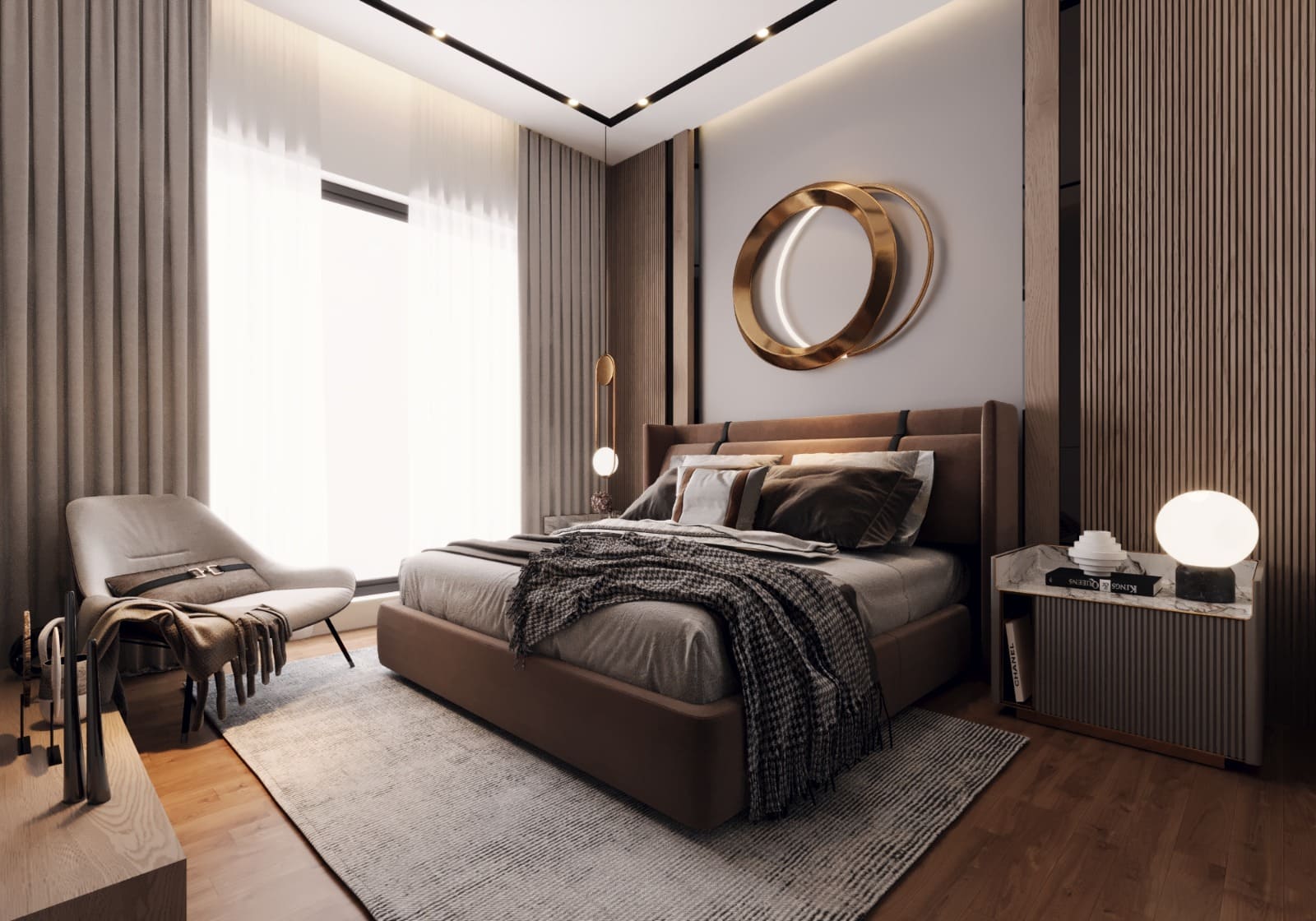 Modern Luxury Bedroom Interior Design — Contemporary Warmth with Statement Accents